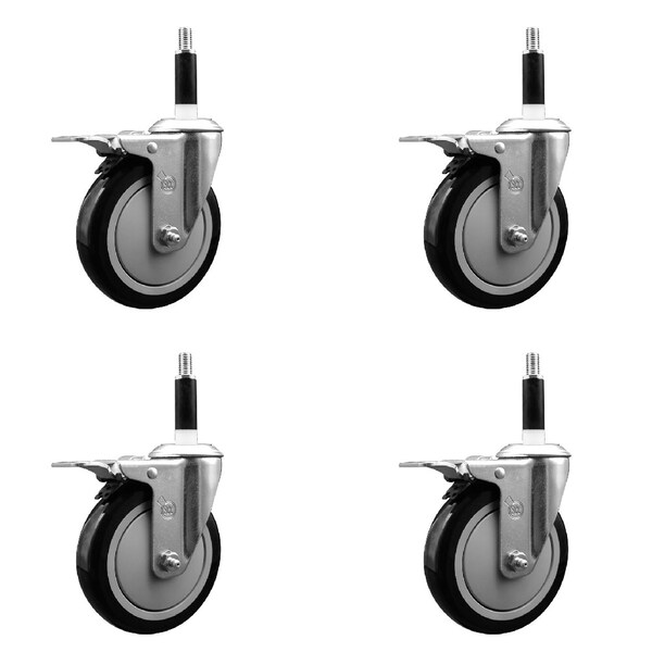 5'' Black Poly Swivel 7/8'' Expanding Stem Caster Set Total Lock Brake, 4PK